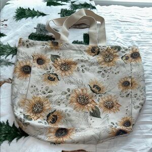 Sunflower embellished Floral Canvas Tote Bag tan gold and Brown beads